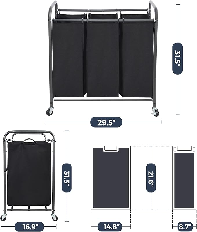 STO STO Laundry Sorter 3 Section, 3 Bag Clothes Hamper, Rolling Laundry Cart Basket with Heavy Duty Lockable Wheels and Removable Bag for Laundry Room, Bedroom, Closet, Black