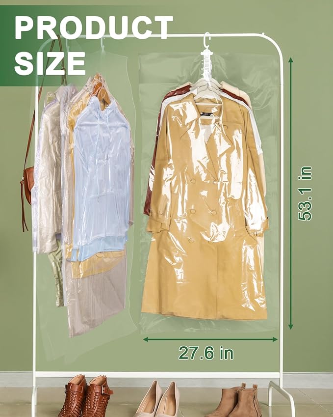 Colemoly Hanging Vacuum Storage Bags for Clothes 6 Pack 53.1x27.6 Inches Large Transparent Vacuum Seal Bags, Space Saving Storage Bags for Dresses/Coats/Suits, Waterproof/Dustproof/Wrinkle-Free