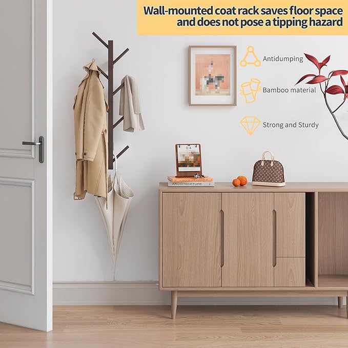 Coat Rack Wall Mount,Bamboo Vertical Hat Rack for Wall,Wall Coat Tree,Coat Hanger,Floating Coat Rack for Hats,Jackets,Bags,Entryway Bedroom (Brown)