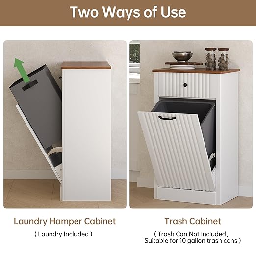 Fluted Tilt Out Laundry Hamper Cabinet, 10 Gallon Hidden Trash Can Cabinet, Wooden 2 in 1 Tilt Out Garbage Can for Kitchen, Bathroom (Antique White, Single)