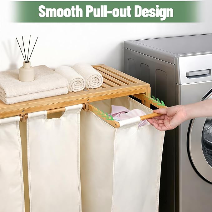 Bamboo Laundry Hamper 3 Section with Lid, 150L Laundry Sorter with Pull-Out Removable Washable Bags, 3 × 12.5 Gal Divided Laundry Baskets for Laundry Room, Bathroom (Beige)
