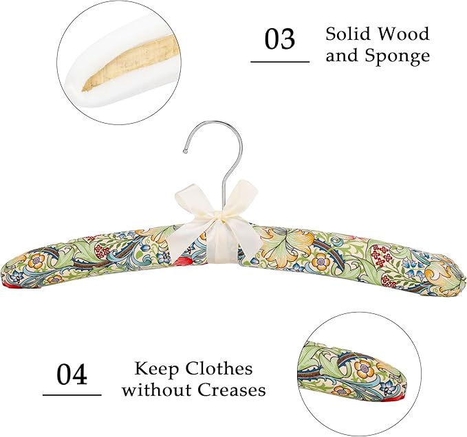 NEOVIVA Padded Hangers for Women Clothing, Floral Padded Clothes Hangers for Women, No Shoulder Bump Hangers for Adult, Padded Clothes Hangers for Women Sweaters, Dresses, Suits (Pack of 5)