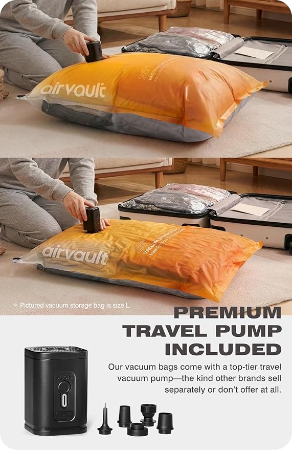 AirVault Vacuum Storage Bags for Travel & Home - Space Saver Compression Packing Bags Set for Clothes, Blankets & Seasonal Storage, Small (5), Medium (5), Large (5) (Orange,15-Pack Combo)