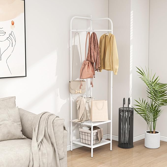 Tangkula Corner Coat Rack with Storage, Simple Hall Tree with Hanging Rod & 2 Mesh Shelves, Anti-toppling Devices, Freestanding Metal Clothes Rack Shoes Shelf Organizer for Entryway Bedroom (White)