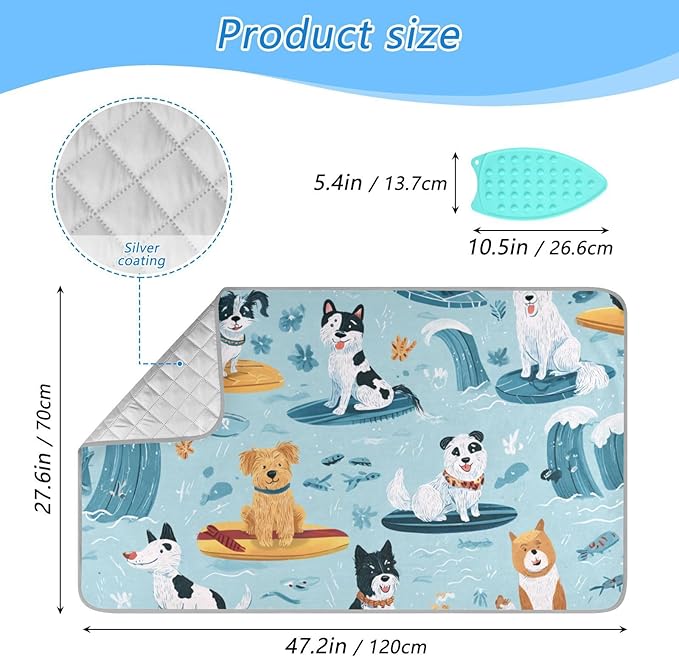 Ironing Mat Pad for Table Portable Travel Iron Blanket Ironing Board Covers Pressing Mat Heat Press Pads 27.6x47.2 Inches Blue Summer Dogs on Surfboards40