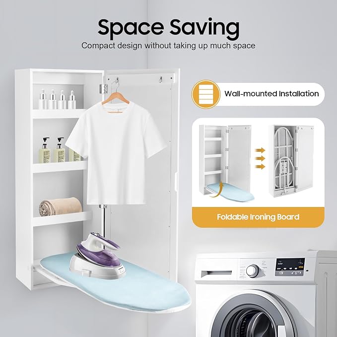 Wall Mounted Ironing Board Cabinet with Mirror, Built-in Swivel Ironing Board Foldable with Storage for Home Apartment Small Spaces (Style3 Rotatable)