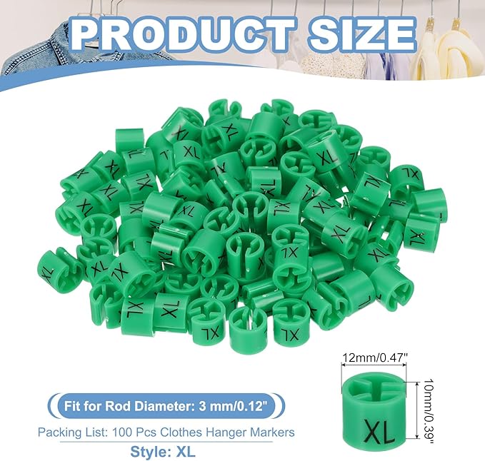 PATIKIL 100 Pcs Clothes Hanger Markers, XL Size Tags Fit 3mm Rod Garment Size Hanger Clips Color Coding Label for Clothing Hangers, Green