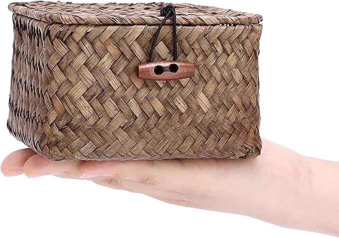 Seagrass Basket with Lid Natural Seagrass Storage Box Square Handwoven Basket Box for Shelf Multipurpose Desktop Organizer Bin for Key Candy, 4.7" x 2.7"