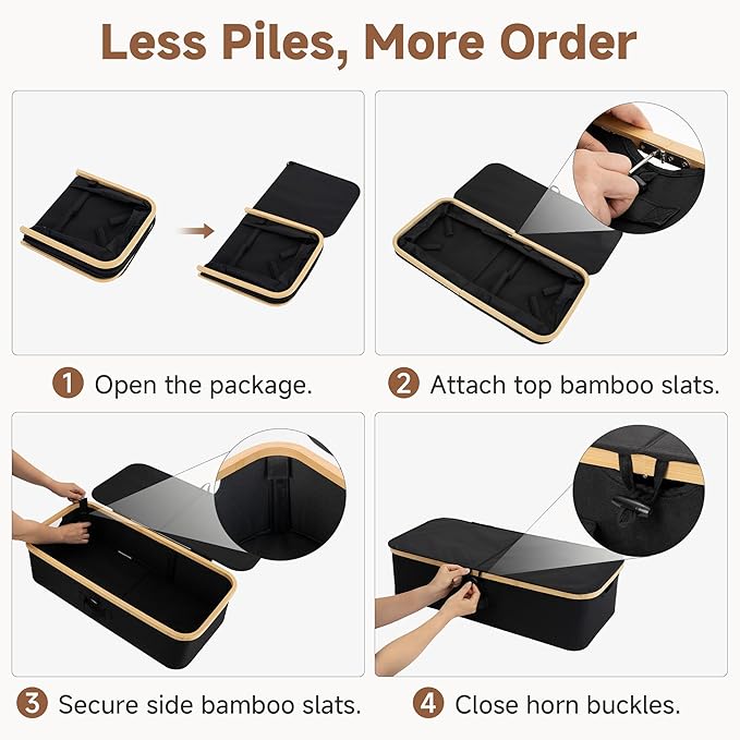StorageWorks 2-Pack Underbed Storage Box with Bamboo Frame, 42L Flip-Top Under Bed Container for Blankets, Bed Sheets, Coverlets and Towels, Black