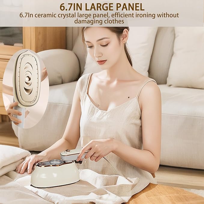 Portable Ironing Machine, Foldable Wet Dry Dual-Purpose Large Panel Steam Iron, 180 ° Rotating Handle High-Power Hanging Iron Machine without Selecting Fabrics or Occasions (Beige)