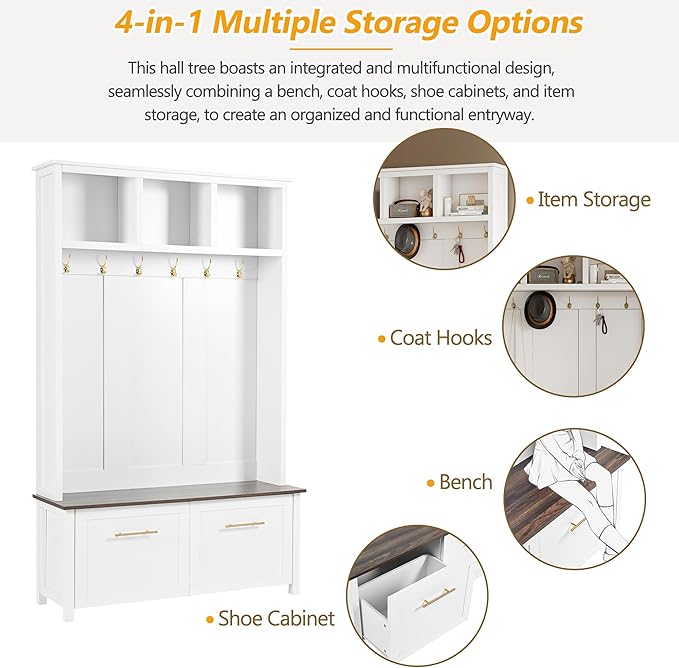 Modern Hall Tree with 6 Golden Hooks, Wood Entryway Coat Hanger with Brown Wood Grain Storage Bench and Top Open Storage Shelves, Versatile 4-in-1 Entryway Coat Rack for Entrance Hallway (White-9.8)