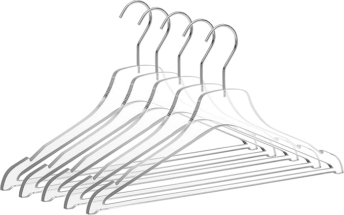Quality Acrylic Clear Lucite Hangers 5-Pack with Bar Chrome Hooks for Clothes, Pants, Suit Jackets, Coats, and Shirts, Closet and Wardrobe Organization (Chrome/Gloss Silver Hook, 5)