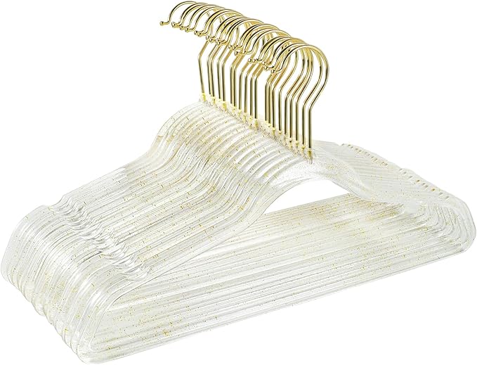 Clear Plastic Hangers - 20 Pack Non-Slip Coat and Clothes Hangers with Bling Glitter for Weddings - Lightweight and Space Saving Closet Organization (Gold Glitter)