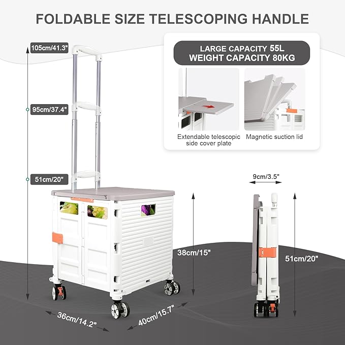 FELICON SELORSS Folding Utility Cart Portable Rolling Crate Handcart with Magnetic Sliding Lid Telescoping Handle Plastic Box Dolly 360°Swivel Wheels for Travel Shop Move Office Teacher(White Pro)