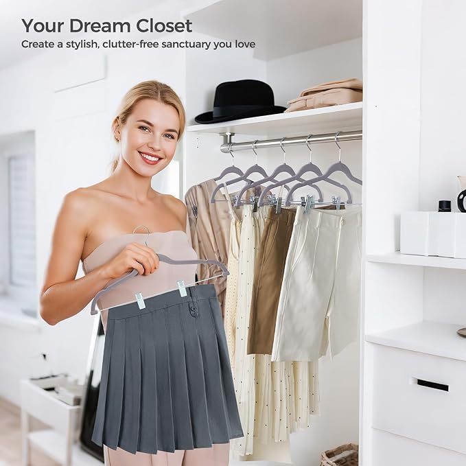 HOUSE DAY Velvet Hangers with Adjustable Clips 20 Pack, Non-Slip Suit Organizer with 360° Hook - Heavy Duty Hanger for Pants, Skirts, Blouses, Dresses - Outfit Hangers All-Season Space Saver (Grey)