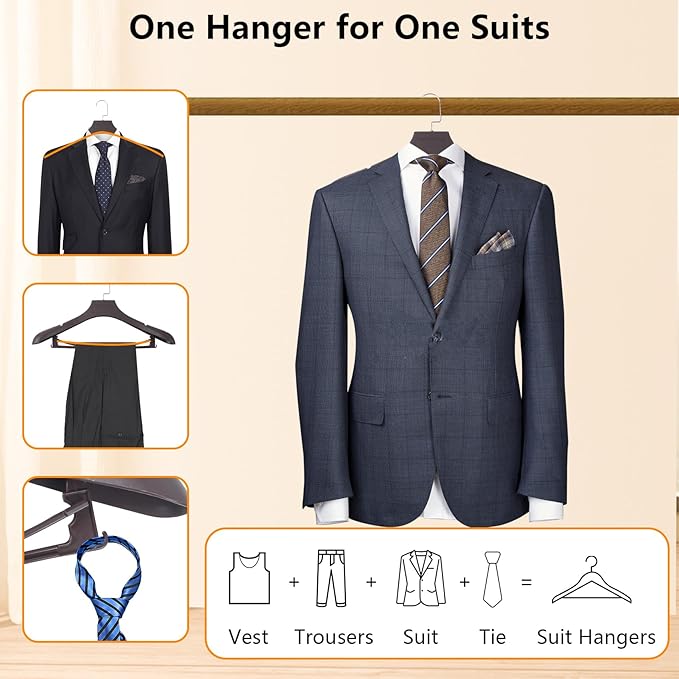 Suit Hangers for Men 6 Pack, Brown Coat Hangers Extra Wide Non Slip Width 17.7", Thick Plastic with Pants Bar & Metal Hook