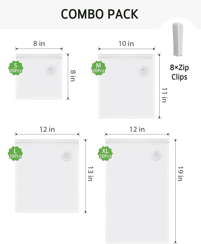 [2026 Upgraded] Syntus 80 Pcs Vacuum Sealer Bags for Food, Reusable BPA-Free Food Storage Bags for Sous Vide Microwave Heating, Air Valve Zipper Bags (20 Small+20 Medium+20 Large+20 Extra Large)