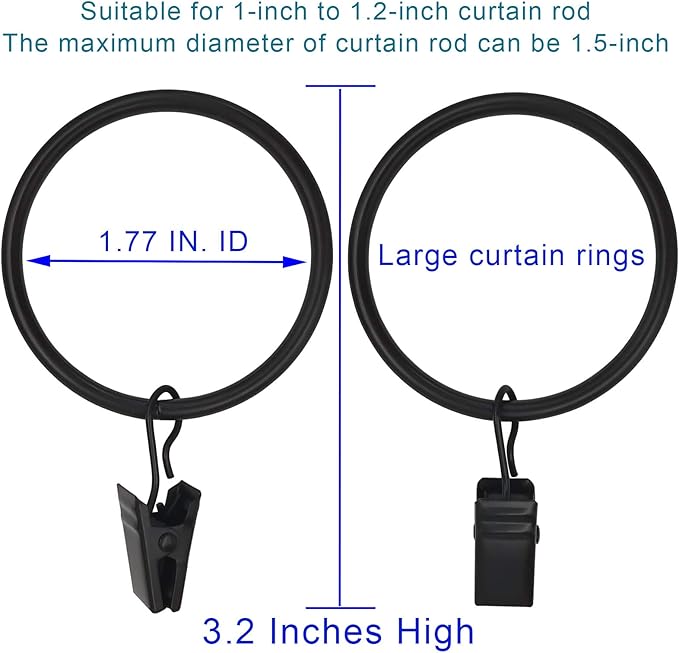 20 Pack Black Curtain Rings with Clips, Curtain Hooks Hangers Clip Rings for Hanging Drapes Bows Hat, Drapery Rings 1.77 in I D, Fits up to 1.5 in Diameter Curtain Rod.