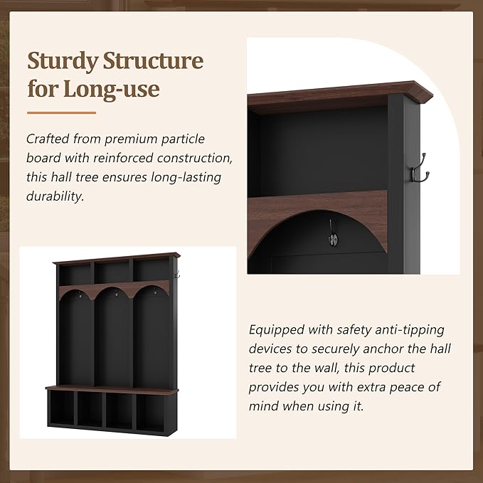 Farmhouse 59" Wide Hall Tree with 5 Black Hooks and Arched Design, Wood Grain Bench with Open Compartments, 4-in-1 Hallway Shoe Cabinet for Mudroom, Living Room (Black-9.9)