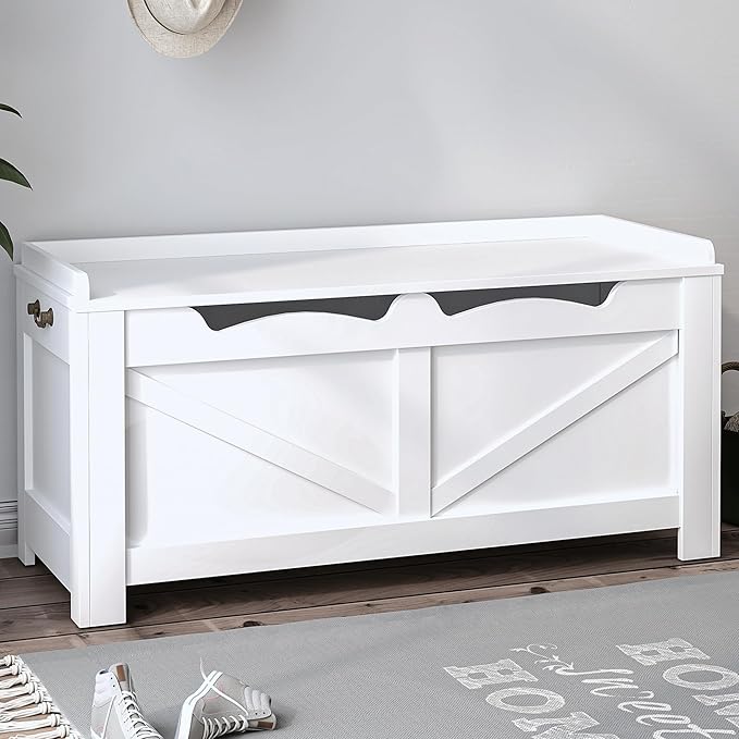 39.4" Storage Chest, Extra Large Storage Trunk with 2 Hinges, Wooden Box Bench, Lift-Top Organizer Chest, Shoe Bench for Entryway, Bedroom, Living Room, White SB04503X