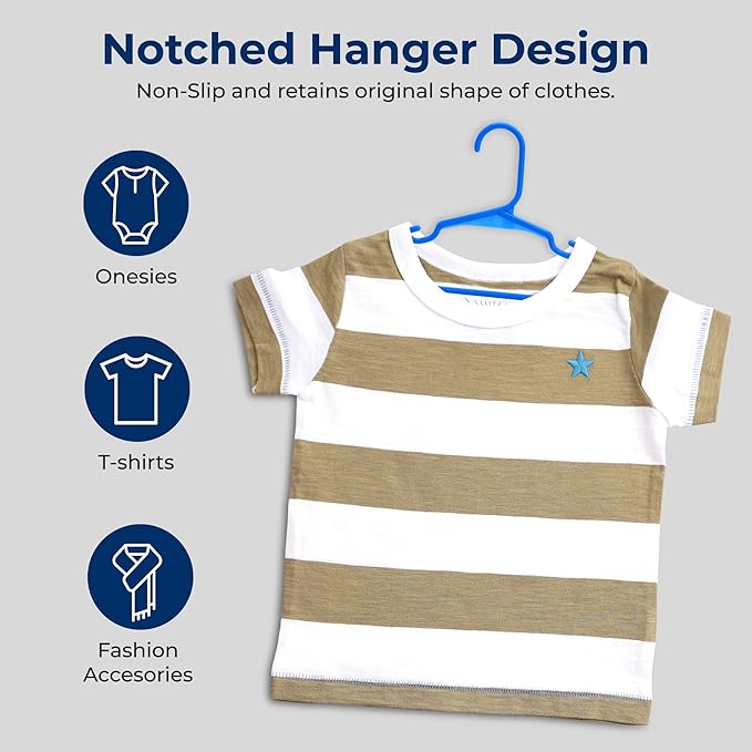 SereneLife 60 Pack Kids Plastic Hangers - Slim Design with Shoulder Grooves, Everyday Standard Use, Ideal for Boys and Girls Closet - Children's Hangers for Baby, Toddler, and Child Clothes (Blue)
