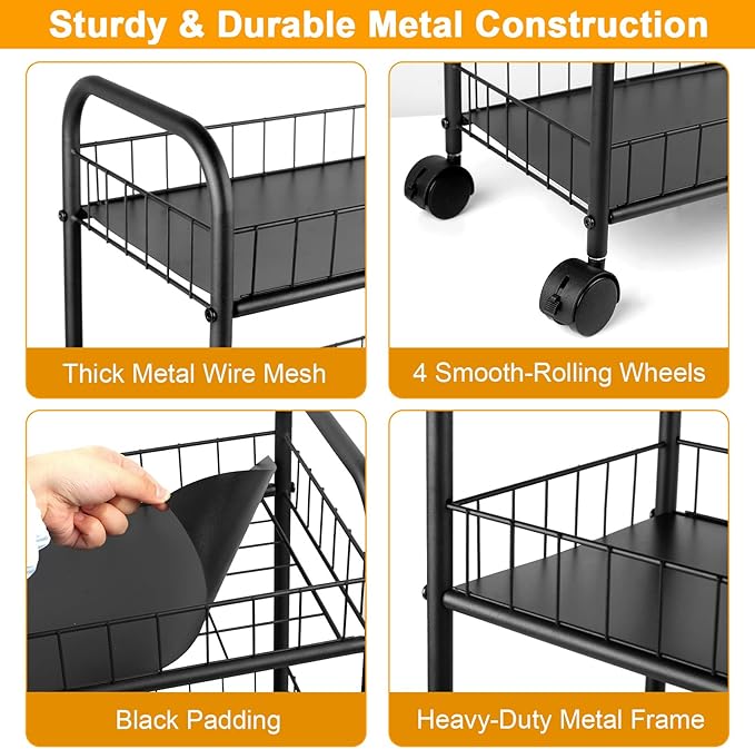 6-Tier Slim Rolling Storage Cart with Wheels, Narrow Metal Organizer Shelf Unit for Kitchen, Bathroom, Laundry, Office, Garage – Black, 10" Wide