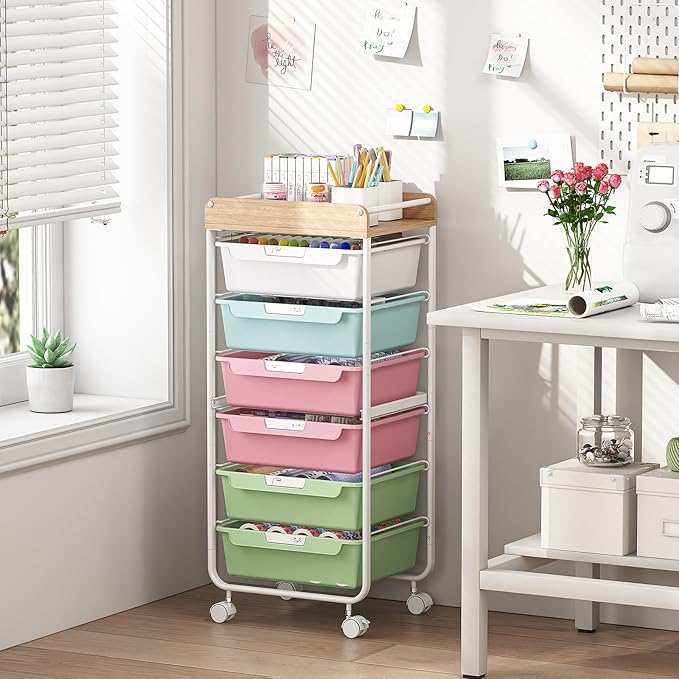 APEXCHASER 6-Drawer Plastic Organizers on Wheels,Rolling Storage Cart with Wooden Top, Mobile Drawer Unit for Classroom, Crafts, Art Supplies, and Home Organization,Colorful