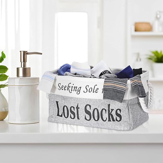Lost Socks Basket for Laundry Room, Fabric Missing Sock Holder for Single Sock Organization, Collapsible Lost Socks Bin Stockings Container, Farmhouse Laundry Room Decor and Accessories