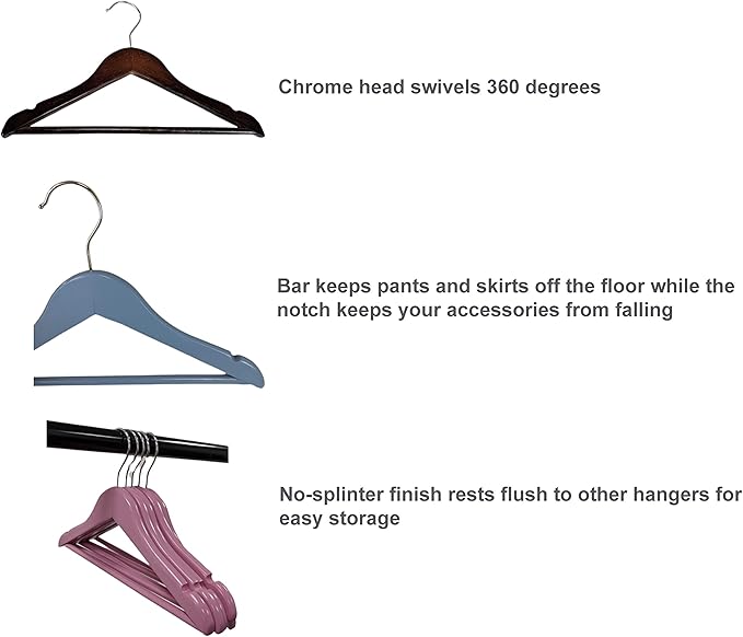 Pillowtex Children's Wood Top Closet Clothes Hangers w/Bar - Set of 10 Blue Hangers