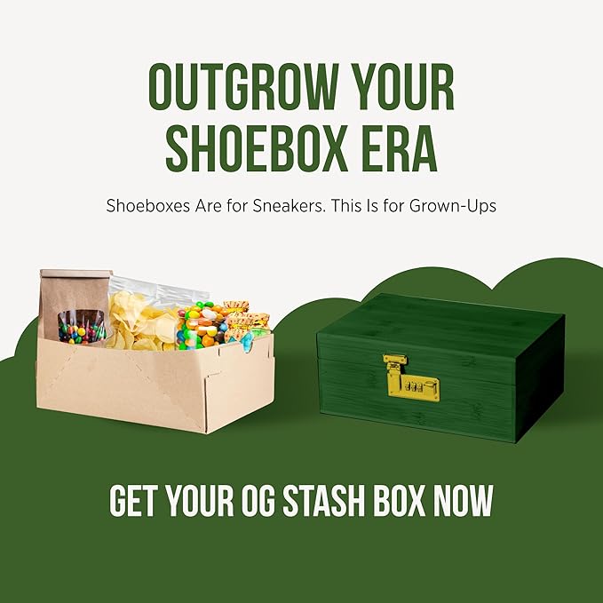 The OG Stash Storage Box - Large Bamboo Box with Combination Lock, Magnetic Lid, Organizer Tray, 3 Jars and Brush - Portable Decorative Wooden Lock Kit with Accessories (Green/Gold)