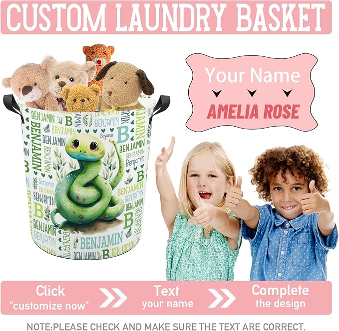 Snake Laundry Basket,Custom Laundry Hamper with Name,Personalized Snake Gifts for Boys Girls,Customize Collapsible Laundry Basket for Bedroom Bathroom,S-16.5"x 13.8"