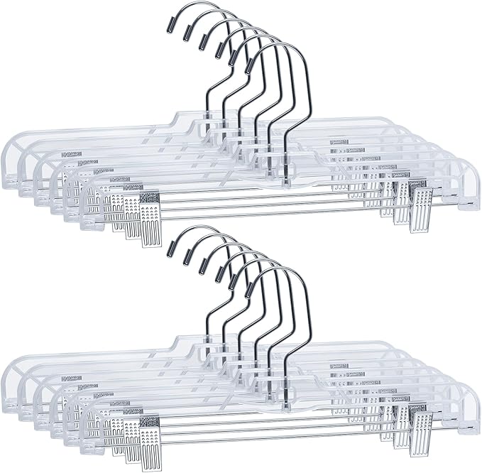 16-Pack Plastic Transparent Trouser Hangers, Adjustable Women's Skirt Hangers, Transparent Acrylic Space-Saving Plastic Hangers