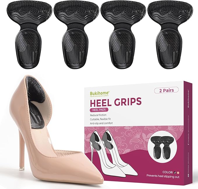 Heel Grips for Women Shoes - Bukihome Heel Pads for Shoes That are Too Big, Non-Slip, Reduce Friction T-Shape Design Shoe Cushions for High Heels, Sandals, Pumps, Flats, Boots (4 Pcs, Black)