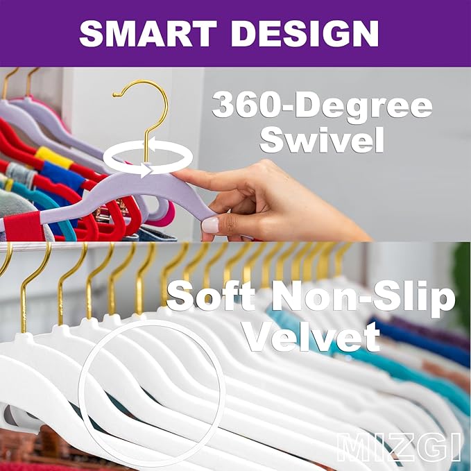 MIZGI White Velvet Hangers 50 Pack,Premium Gold Clothes Hangers Non-Slip Felt Hangers,Sturdy White Heavy Duty Coat,Durable Suit for Space Saving, No Flocked Marks
