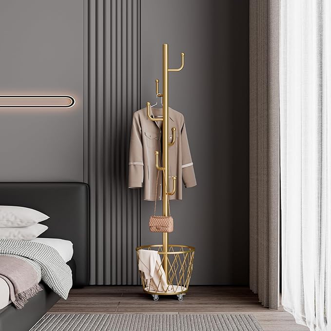 SYO Portable single-pole coat rack with 6 hooks and storage basket; floor-standing coat rack for bedroom and hallway; casters for easy movement; modern minimalist design.