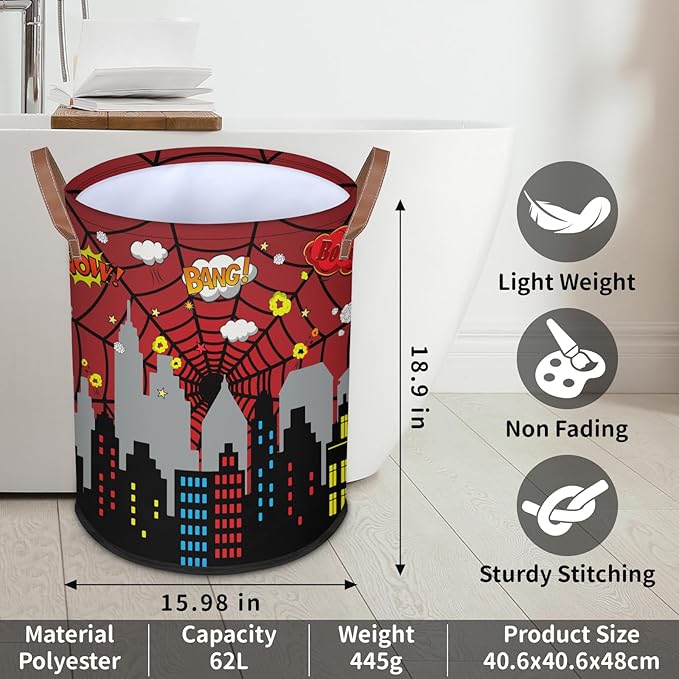 Boys Laundry Hampers for Bedroom Spider Web Collapsible Sturdy Dirty Clothes Basket with Handles for Kids Room Bathroom Living