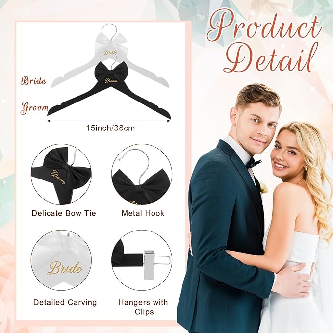 3 Pcs Bride and Groom Hangers for Dress Suit with Clips Wedding Wooden Hanger with Bow Tie for Mr and Mrs Shirt Tuxedo Suit Bridal Wedding Gift Bridesmaid Party Shower (Black,White)