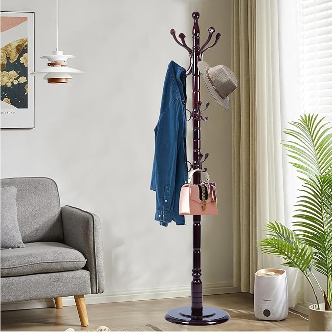 Solid Wood Coat Rack, Free Standing Hall Coat Tree with 14 Hooks, 3 Height Options, 300lbs Load, Stury Base, Clothes Rack for Entryway, Hallway, Bedroom (Disc Base - Ruyi)