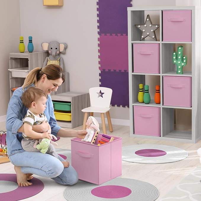 Sorbus Storage Cubes - 11 Inch Foldable Fabric Baskets for Organizing Pantry, Closet, Shelf, Toy Box, Cubby - 6 Collapsible Cloth Cube Storage Bins for Home, Nursery, Playroom, Bedroom (Pastel Pink)