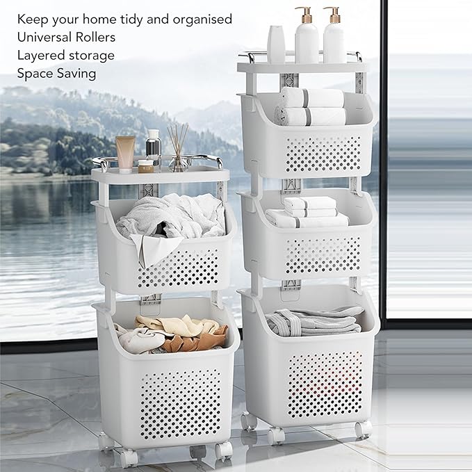 3 Tier Laundry Basket Organizer with Wheels, Tiered Laundry Basket Organizer, with Portable Storage Baskets, for Kitchen Bathroom Bedroom Laundry Room
