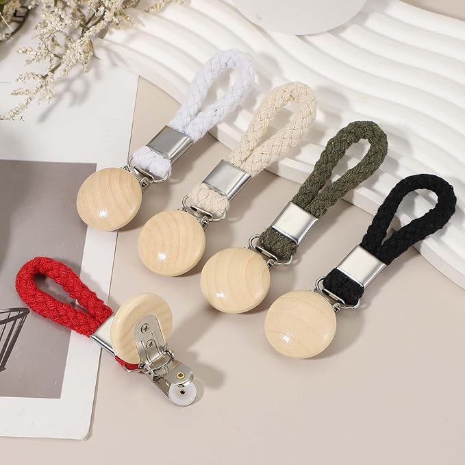 uxcell 5 Pcs Tea Towel Clips with Cotton Loop for Hanging, 4.3 Inch Metal Towel Hooks Multipurpose Cloth Hangers for Home Kitchen Bathroom, Red(Wooden)