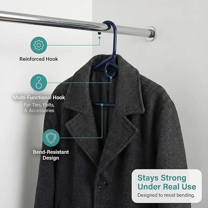 DEILSY™ Navy Heavy Duty Hangers with Hooks for Scarves & Belts – Thick and Strong Clothes Hangers for Shirts, Jackets, Pants, and Dresses – Space-Saving Plastic Hangers – Pack of 10
