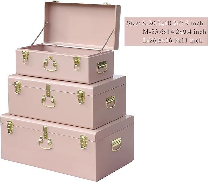 Vixdonos Decorative Box Set of 3 Metal Trunks Chest with Safety Lock Clasp for Treasure Organization and Home Dorm Decor,26.8x16.5x11Inches