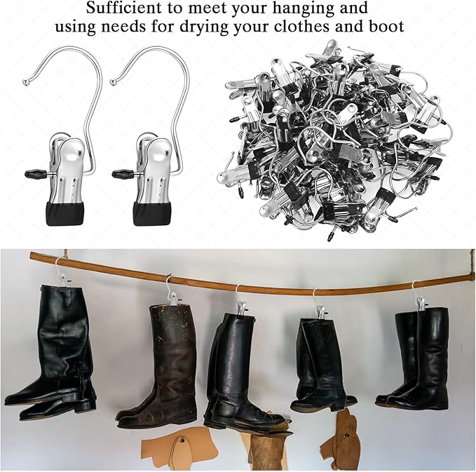 150 Pcs Boot Hangers Clips Laundry Hooks Hanging Stainless Steel Clothes Pins Portable Clip Hangers for Closet Travel Socks Pants Handbags Hats Towels (Black)