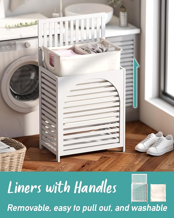 White Laundry Hamper, Laundry Hamper with Lid, 27.3 Gallon (103L) Bamboo Wood Clothes Laundry Basket with Lid and Handles, Removable Liner