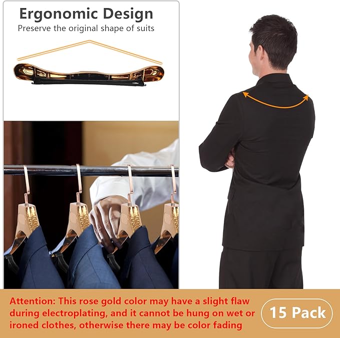 DEDU Suit Hangers for Men 15 Pack, Rose Gold Coat Hangers Extra Wide Non Slip Width 17.7", Thick Plastic with Pants Bar & Metal Hook