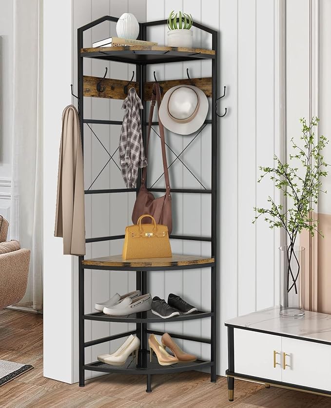 Corner Coat Rack with Storage, Entryway Hall Tree with Bench and 8 Metal Hooks, Freestanding Clothes Rack Shoes Shelf Organizer for Home Office Bedroom, Rustic Brown