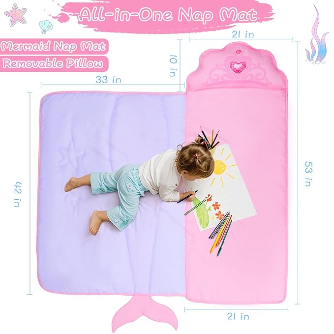 Mermaid Nap Mats for Preschool with Removable Pillow and Blanket Kids Sleeping Bag with Pillow Reinforced Stitching Machine-Washable, Soft Nap Mats for Daycare, Travel, Camping 53"x21"