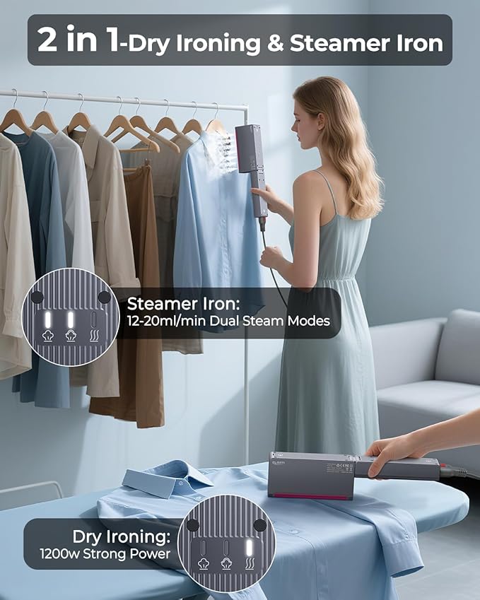 Travel Steamer for Clothes, 1200W Dual Voltage 110-220V Portable Handheld Steamer with Pluggable Cable & Foldable Design, 15s Fast Heat, 2 in 1 Steam Iron with 110ml Tank for Europe, Global