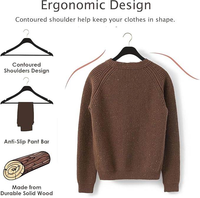 Ultra Thin Wooden Natural Slim Wood Coat Hangers 17.7 inch Space Saving Black Wooden Adult Clothes Hangers,20 Pack Heavy Duty Suit with Pant Bar for Jacket Shirt Suit Pants